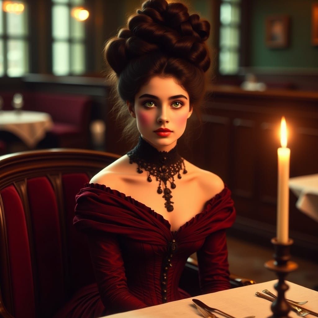 Victorian Woman in Dimly Lit Restaurant