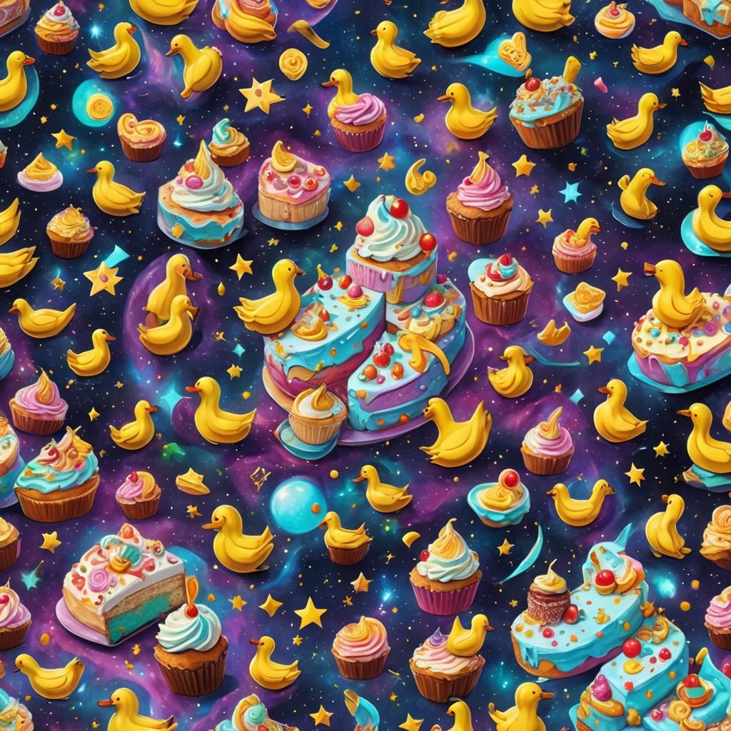 Holographic Banana Duck Cake, Cosmic Astral Illustration