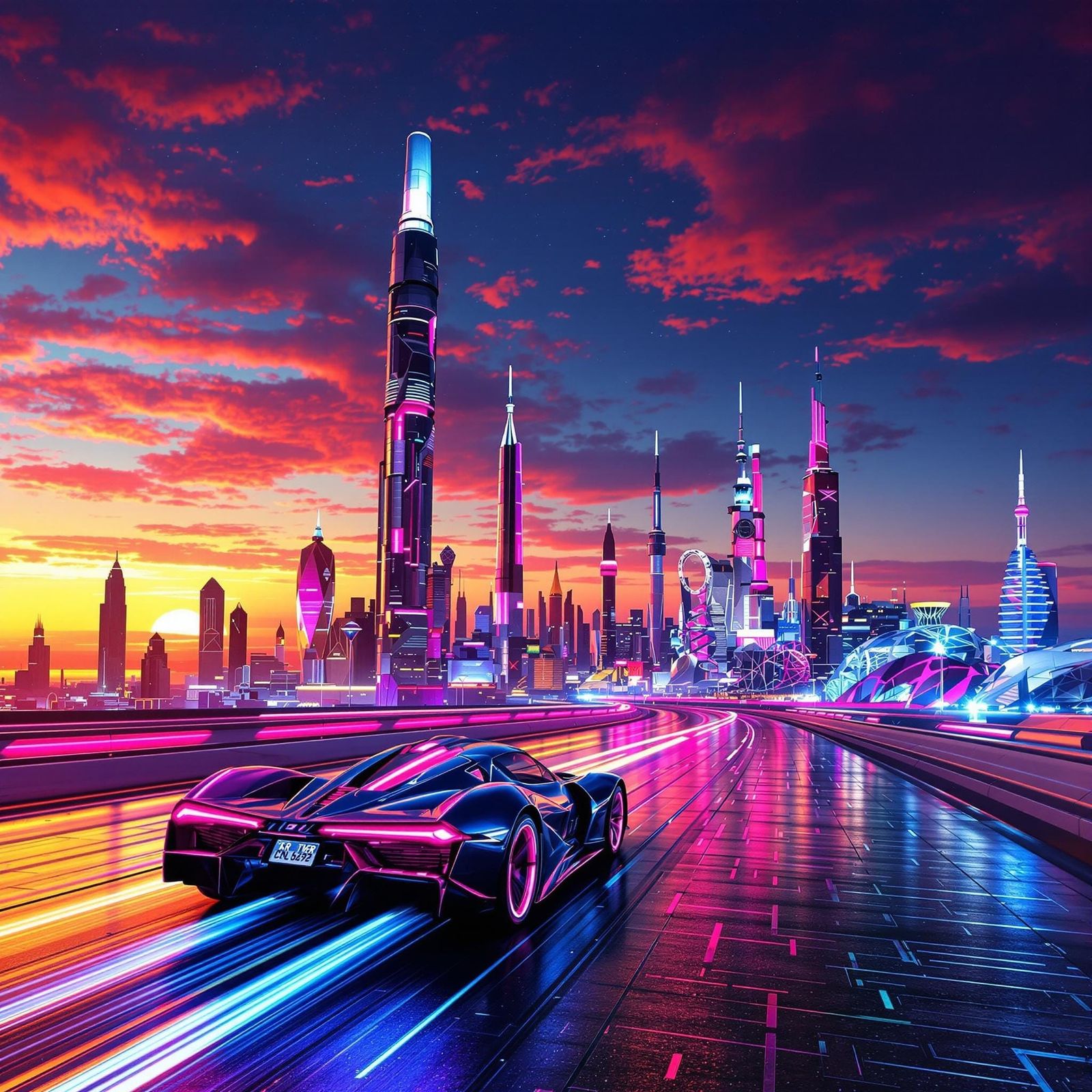 Neon Cyberpunk Metropolis at Sunset