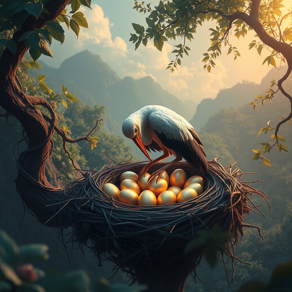Ethereal Stork Nest Scene in Dreamlike Landscape