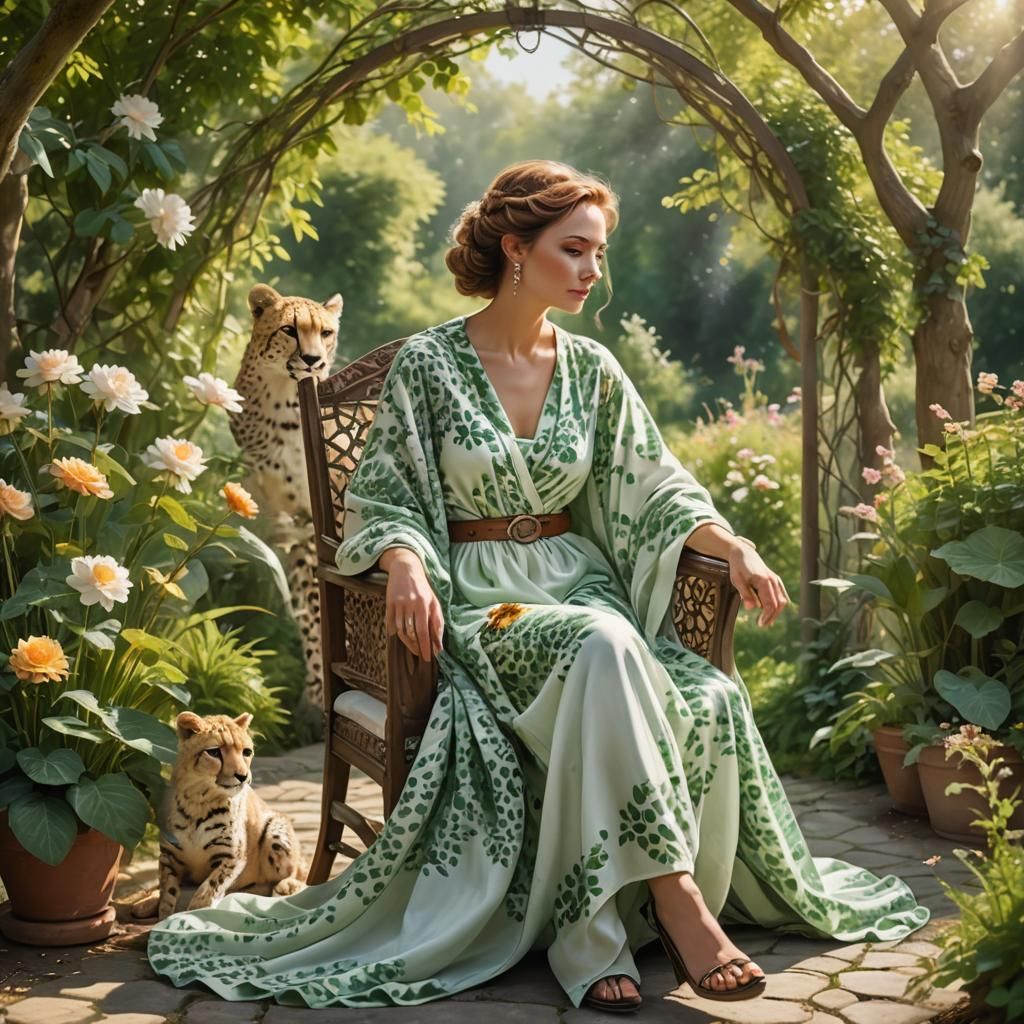 Elegant Lady with Cheetah in Magical Garden