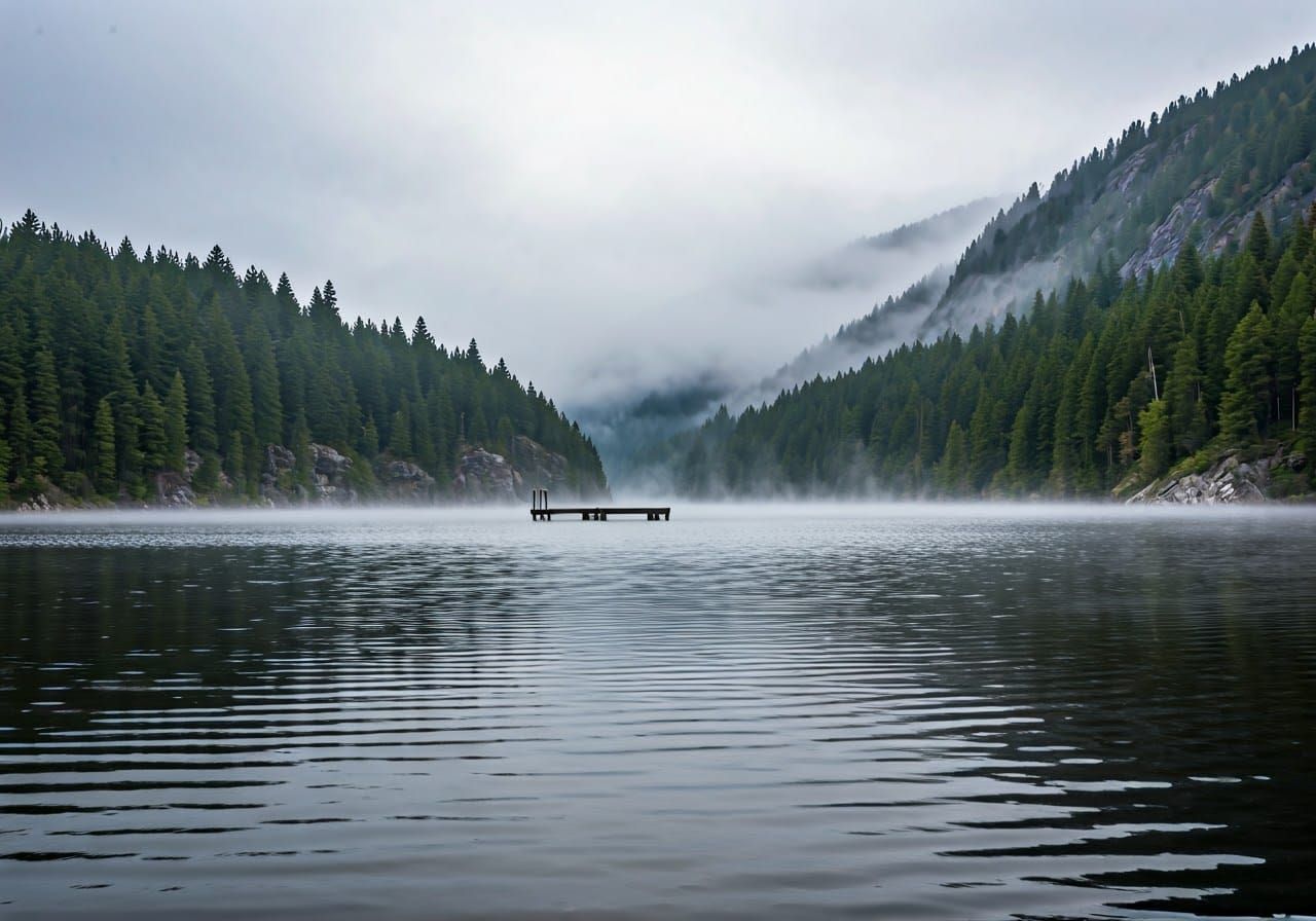 Dreamy Lake Landscape in Ethereal Fog