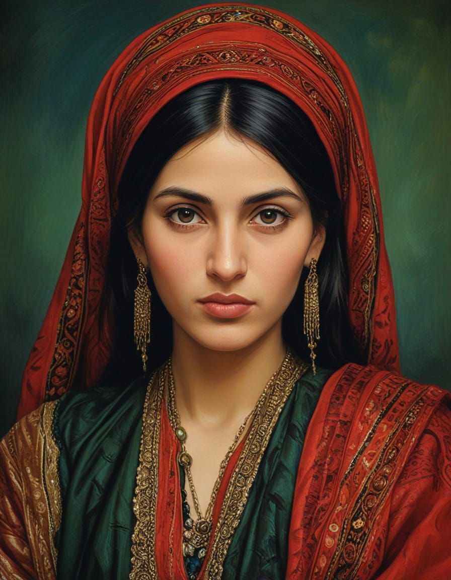 Afghan Woman Portrait in Baroque Oil Painting Style