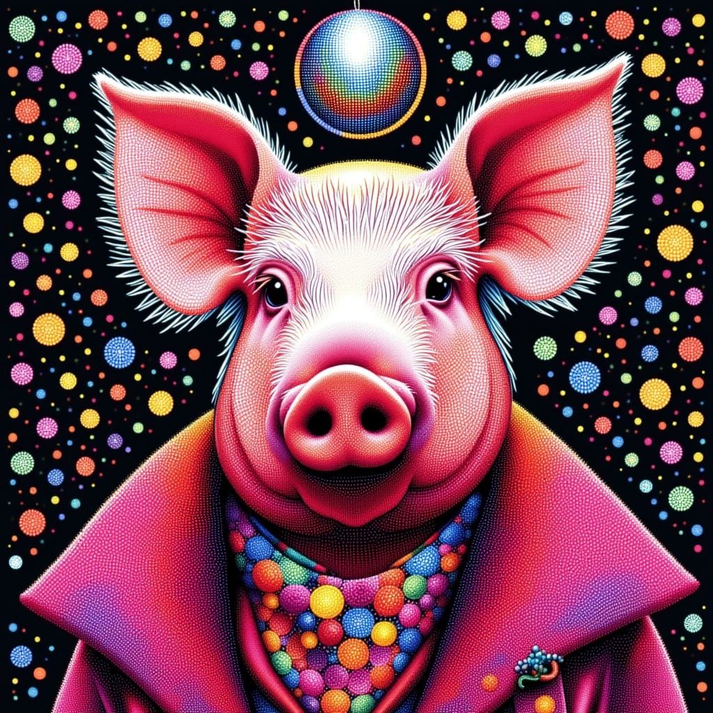 Pointillism Pig with Disco Ball in Bold Colors