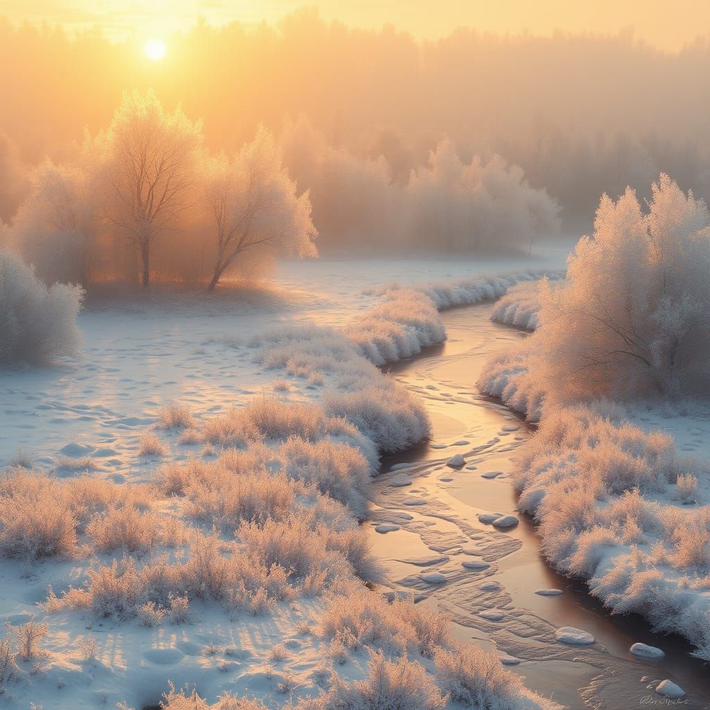 Snowy Field with Golden Sunset in Impressionistic Style