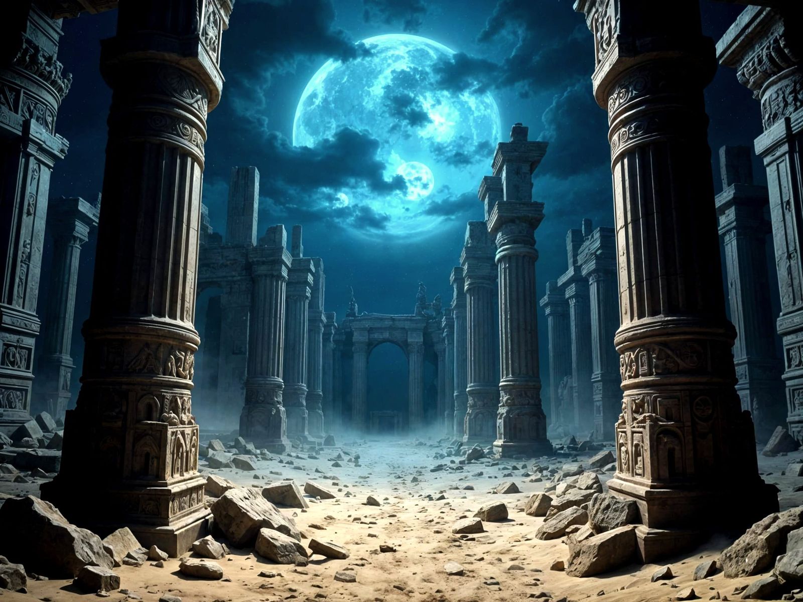 Ancient Desert Ruins Under Cosmic Moon