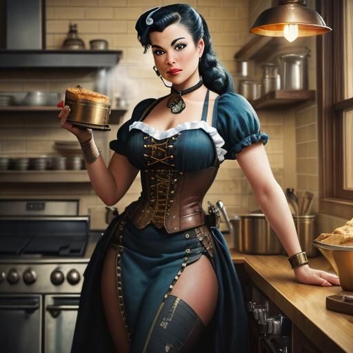 Steampunk Baker in Cinematic Kitchen Still