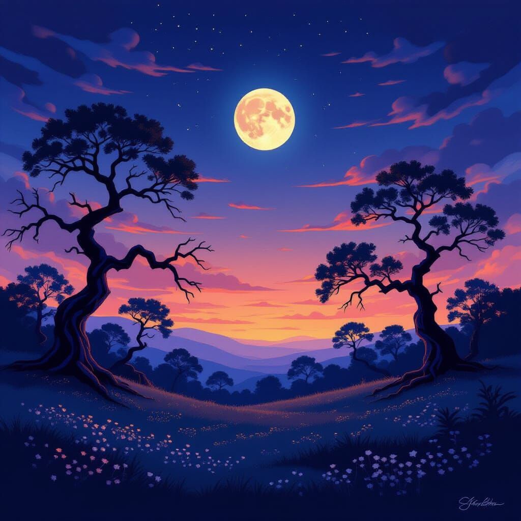 Mystical Twilight Sky with Moon and Ancient Trees