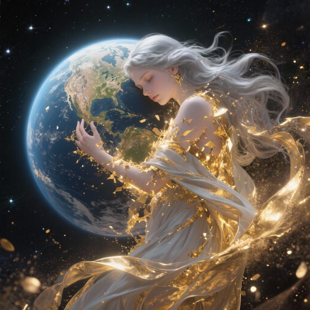 Celestial Goddess Embraces Earth in Surreal Digital Artwork