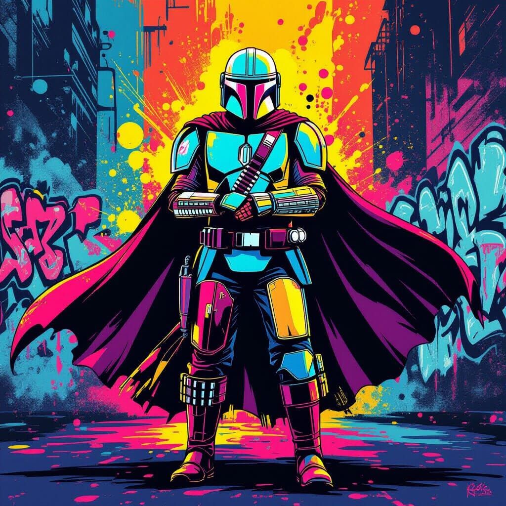 The Mandalorian in Neon Street Art Style