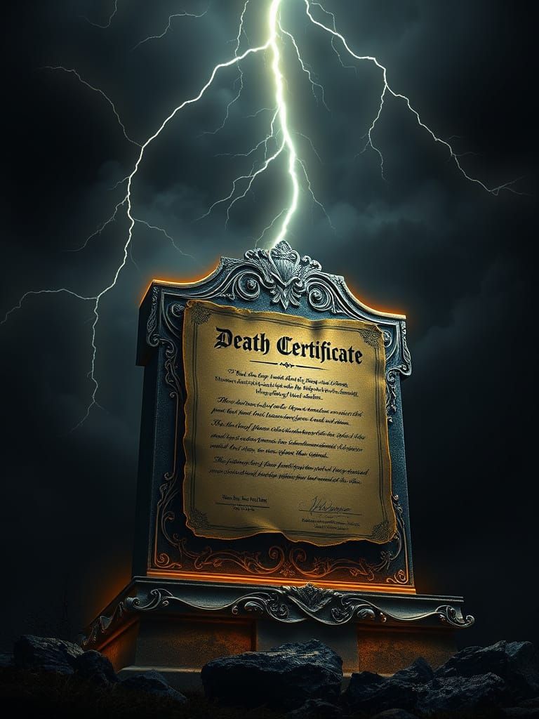 Ornate Death Certificate on Stone Tombstone