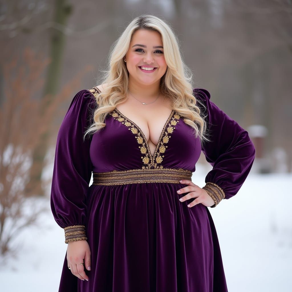 Elegant Curvy Woman in Deep Purple Velvet Gown