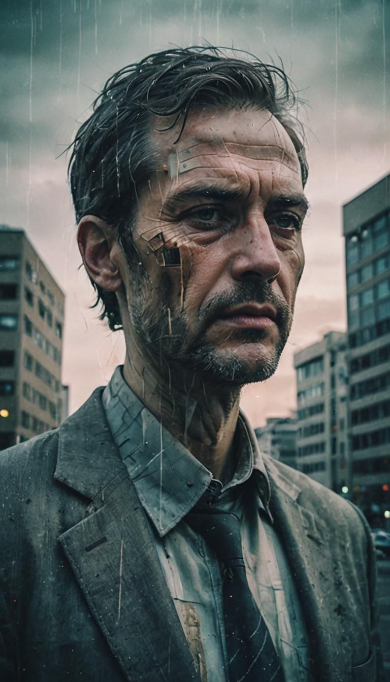 Eerie Double Exposure: Forlorn Man and Office Building