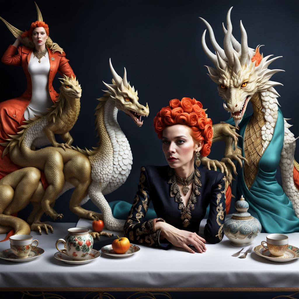 Woman and Dragon Pet in Ornate Mansion