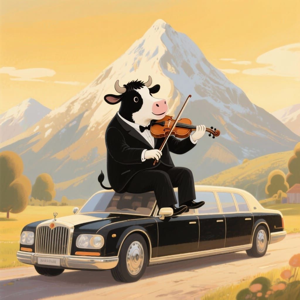 Cow Musician in Suit Plays Violin on Limo