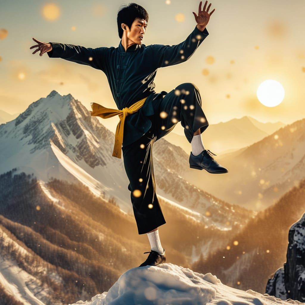 Martial Artist Crane Technique on Snowy Mountain