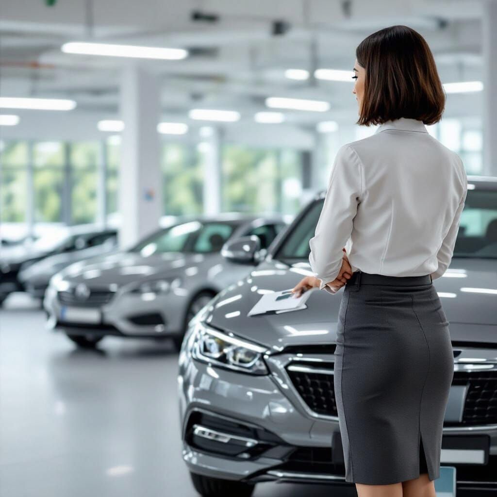 Woman in Business Style Looks at Modern Car with Insurance E...