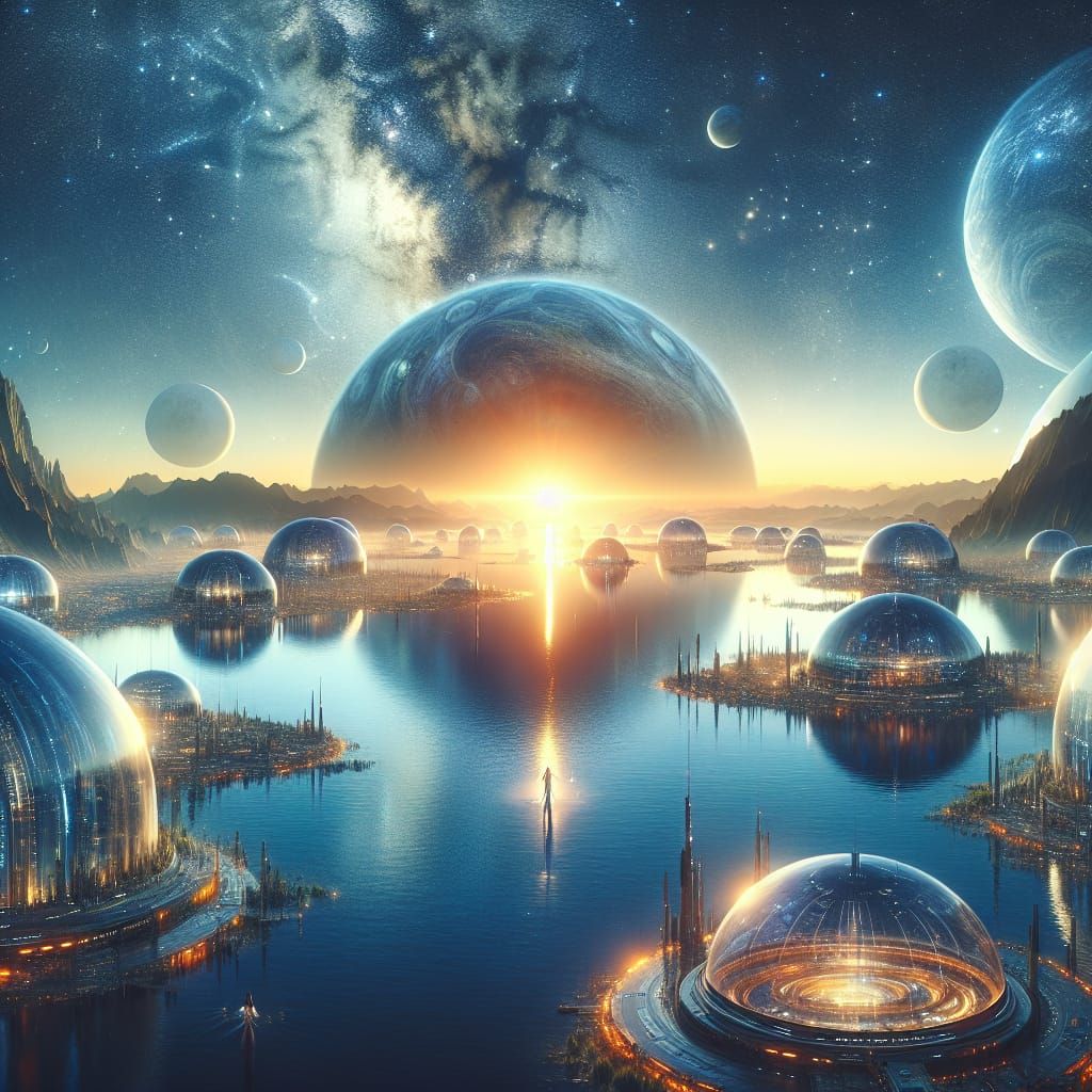 Futuristic Alien City Reflecting Galaxy in Blue Water