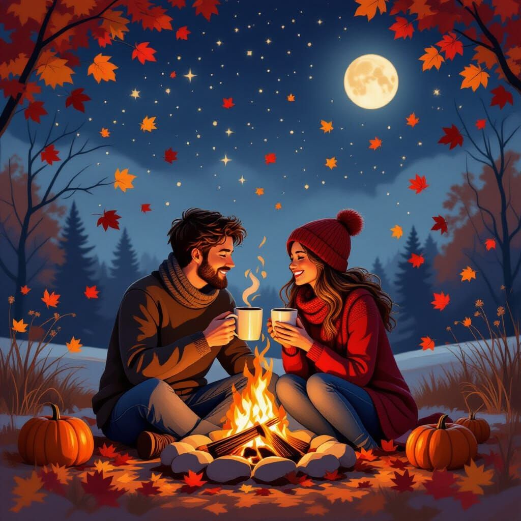 Cozy Autumn Bonfire Scene with Couple