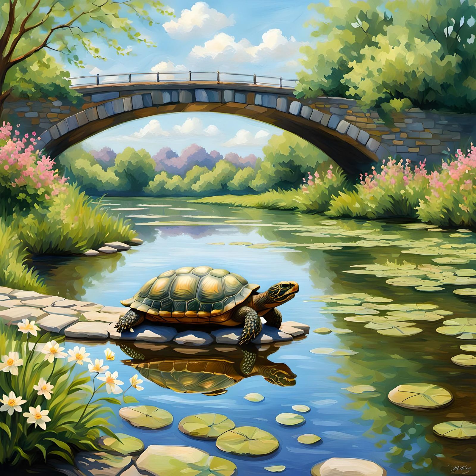 Turtle Sunbathing by River in Impressionist Style