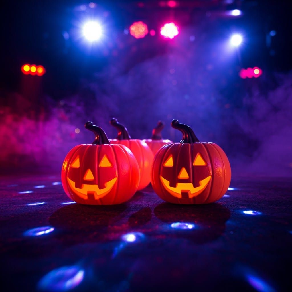 Glowing Pumpkins at a Disco in Retro-Futuristic Style