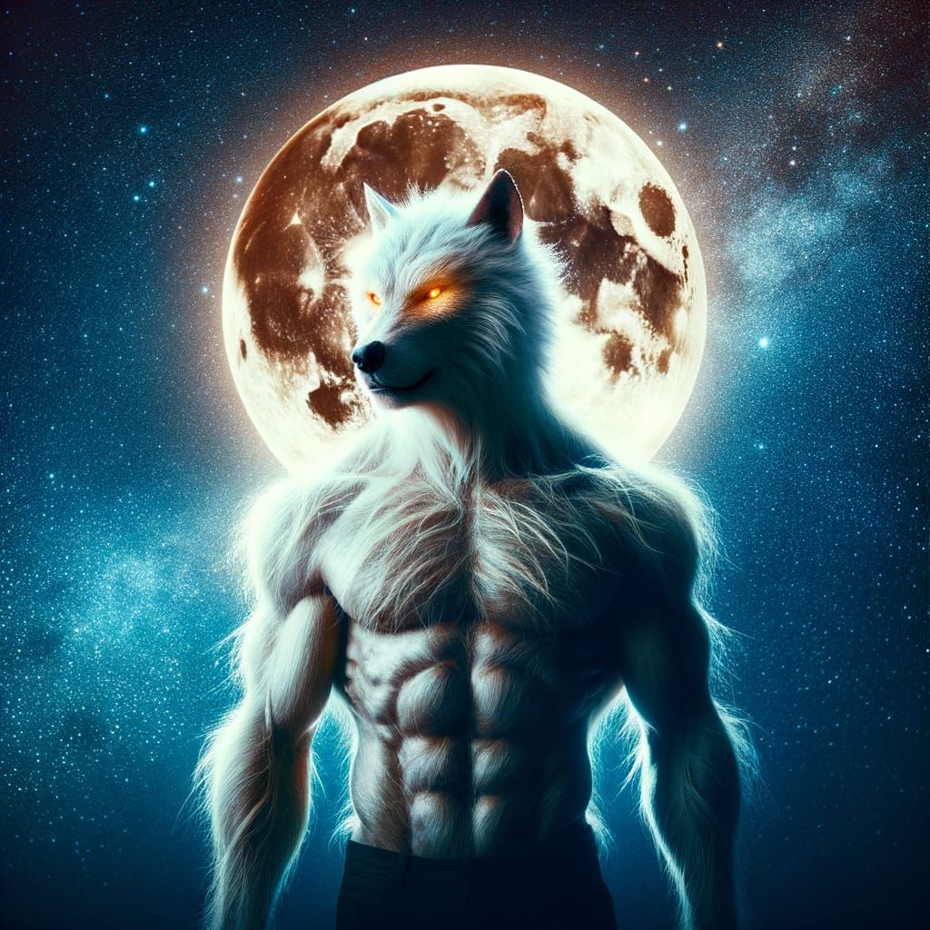 White Werewolf Glistening Under Moonlight