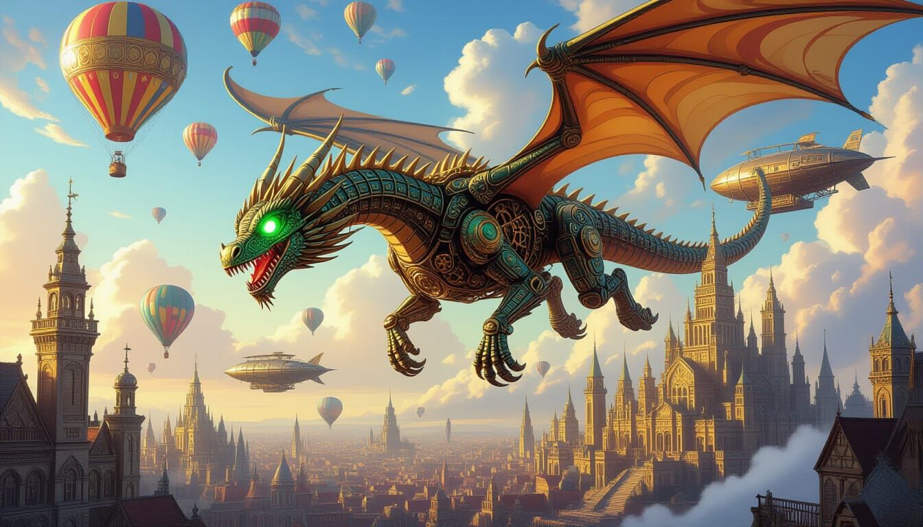Clockwork Dragon Soars Over Steampunk City