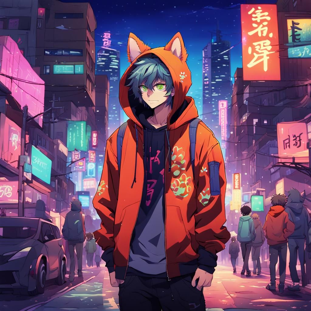 Anime Cat Boy in Urban Street at Dusk