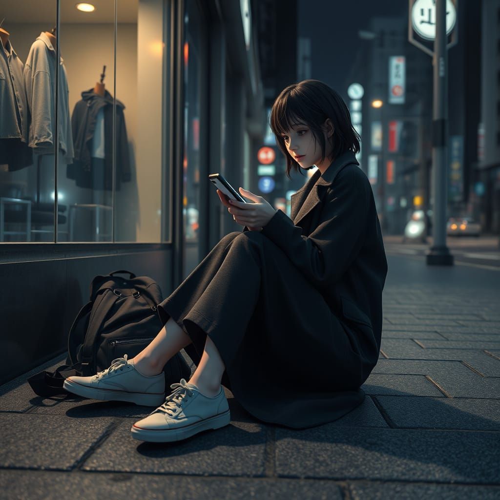 Young Woman Contemplates Life in Tokyo's Deserted Night