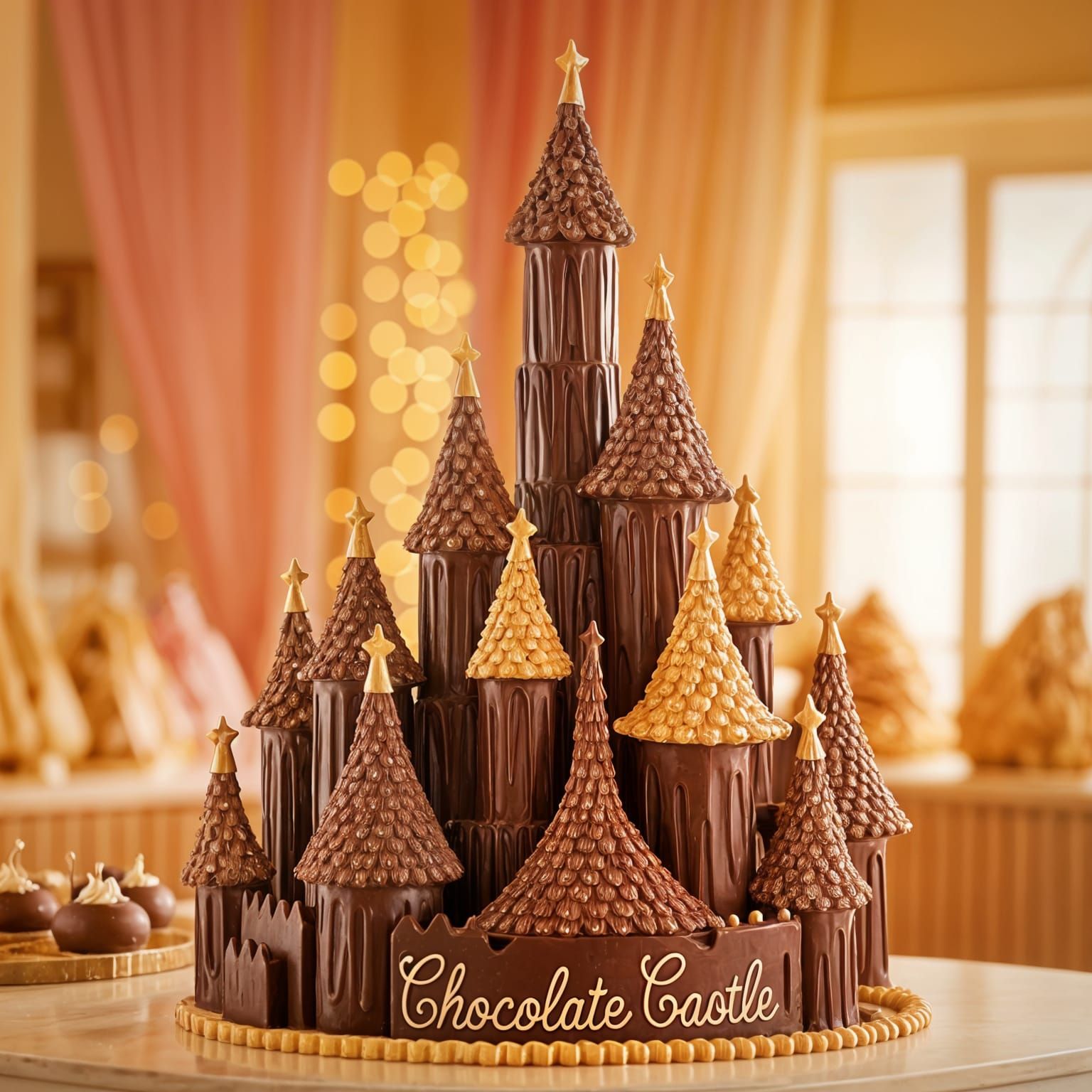 Majestic Chocolate Castle Sculpture in Cozy Bakery
