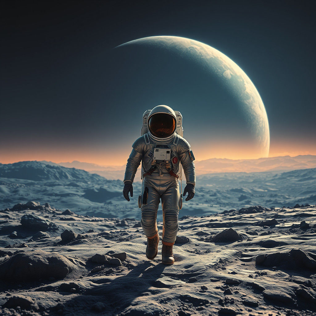 Astronaut on Moon in Detailed Matte Painting Style