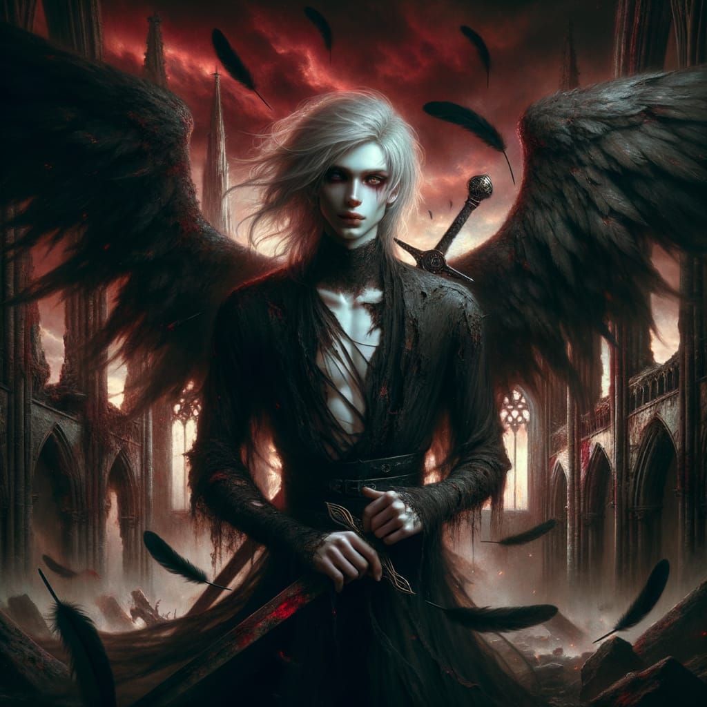 Fallen Angel in Gothic Ruins: Oil Painting