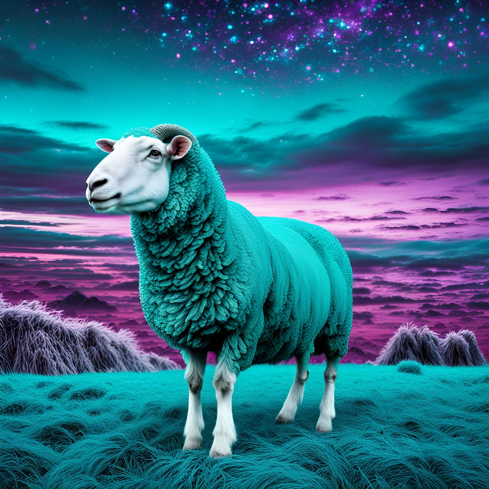 Glitter Sky Over Sheep in Hyperrealistic Style