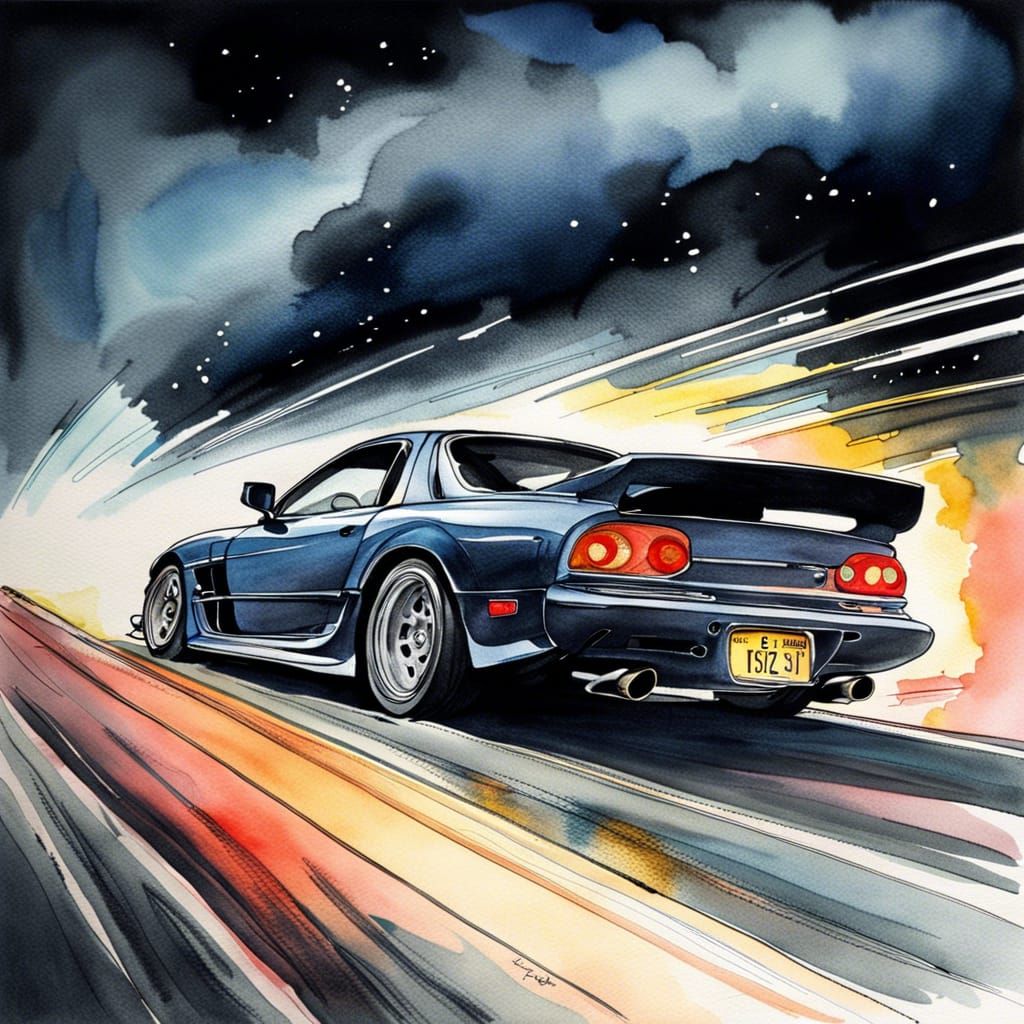Speeding Mazda RX7 at Night: Ink and Aquarelle