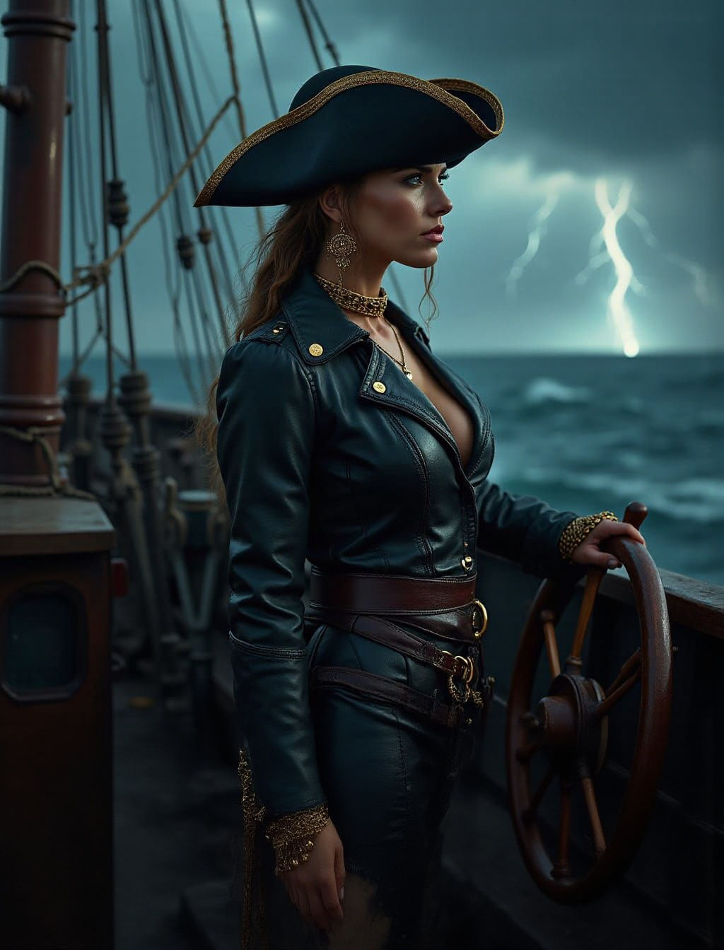 Female Pirate Captain Navigating Storm in Photorealistic Sty...
