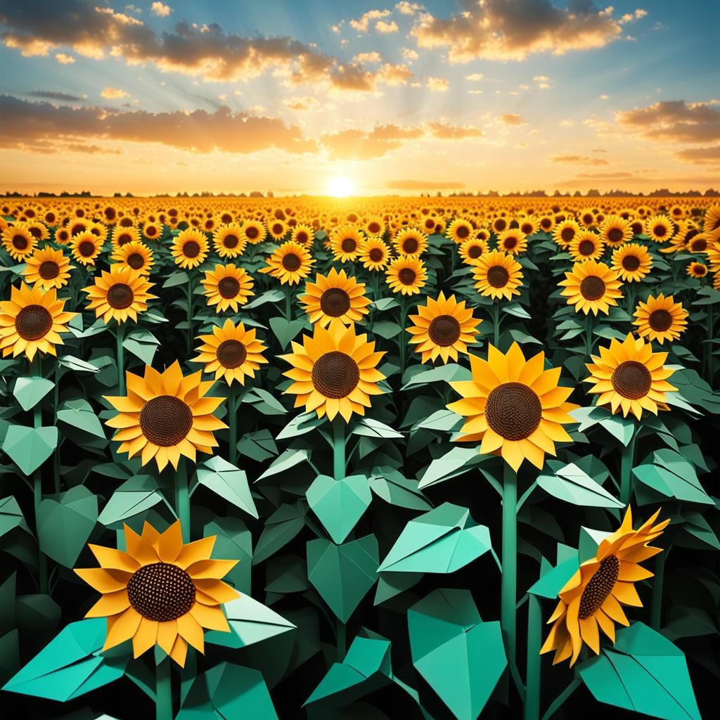 Sunset Sunflower Field in Origami Style