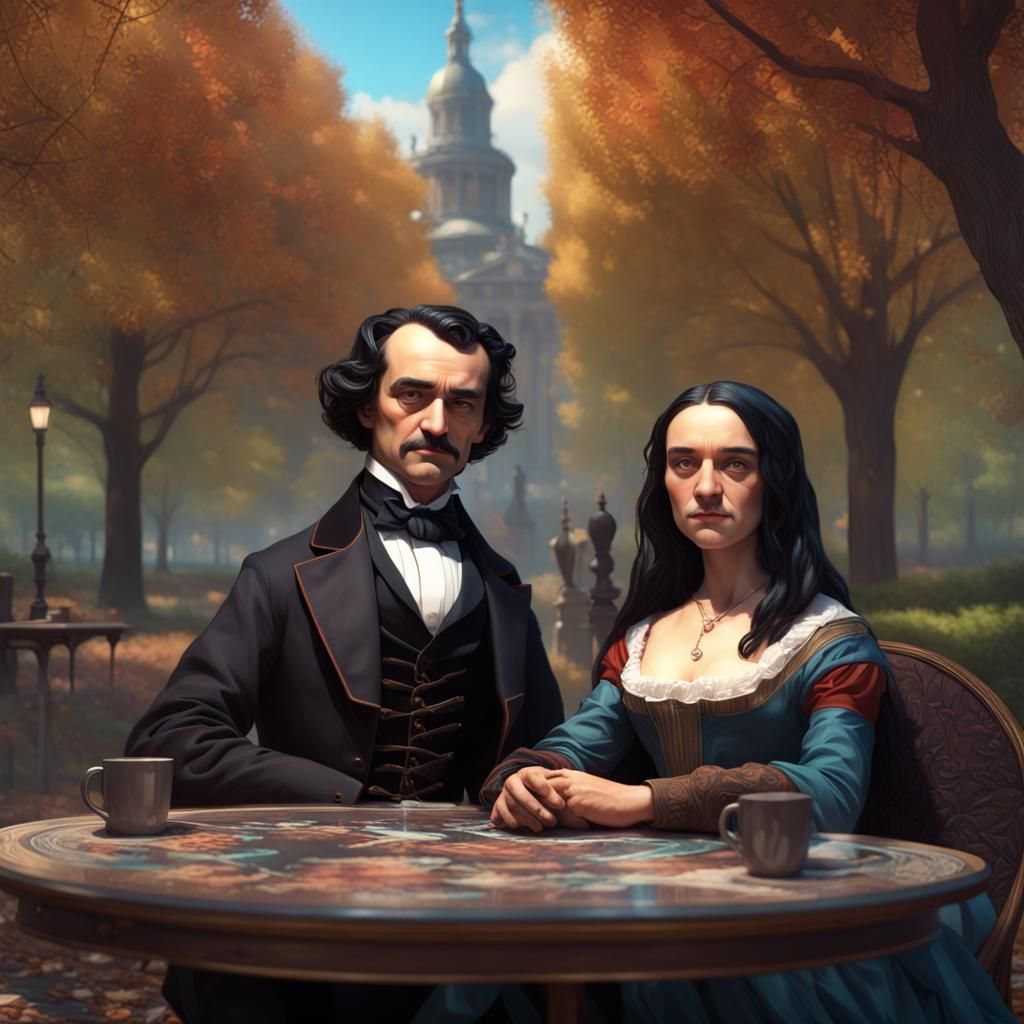 Poe and Mona Lisa: Hyperdetailed Park Portrait