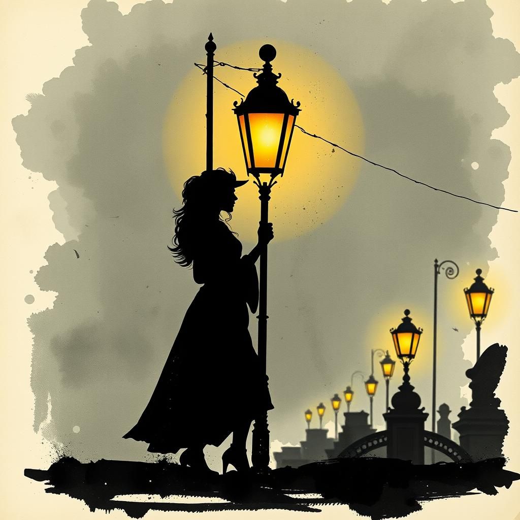 Steampunk Woman Silhouette in Vintage Ink Painting