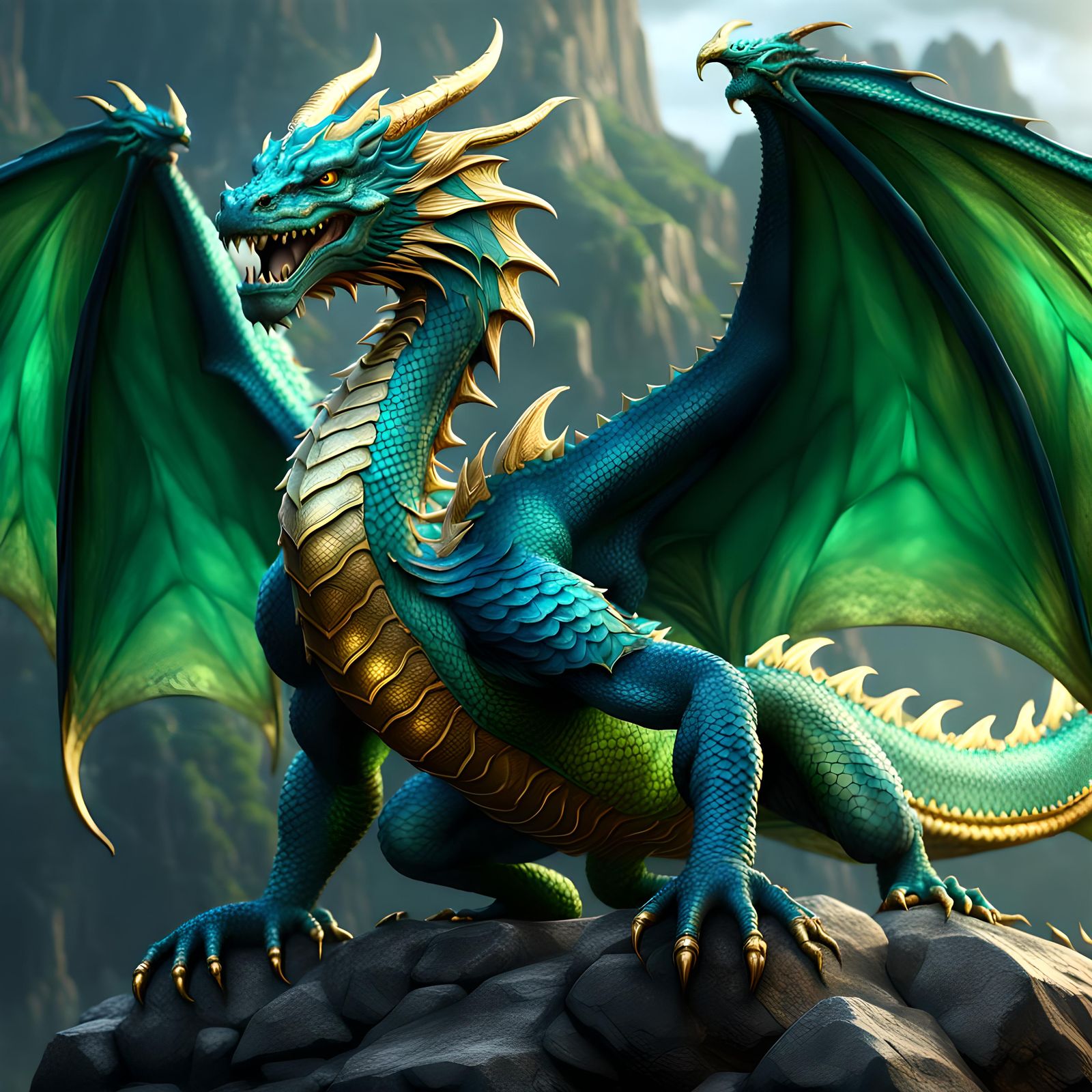 Blue and Green Dragon Concept Art in 8K