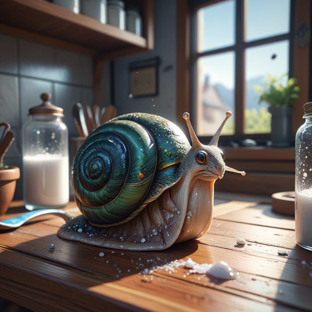 Snail Inspecting Salt Shaker: Anime-Inspired Art