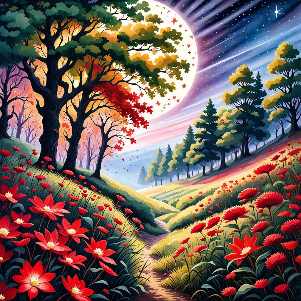 Gothic Autumn Meadow with Red Flowers in Watercolor