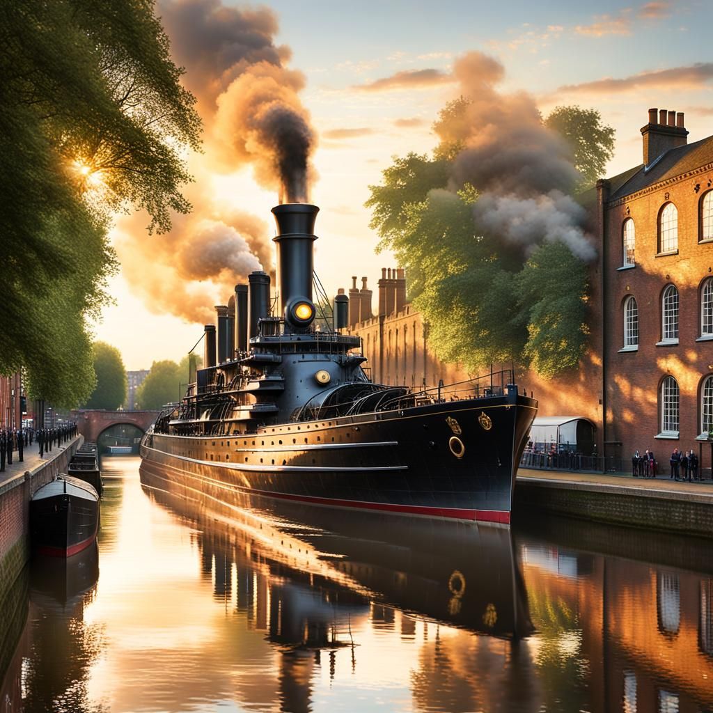 Surreal Warship at Camden Lock: Impressionist Landscape