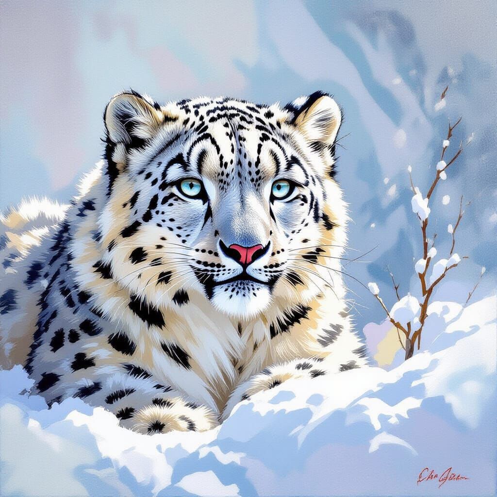 Snow Leopard Hiding in Snow - Gouache and Watercolor Style