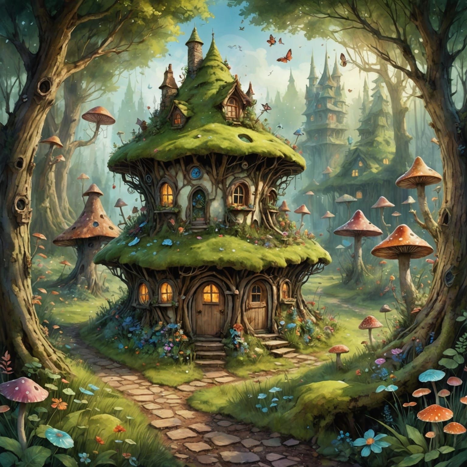 Magical Fairy Ring Houses in Watercolor Style