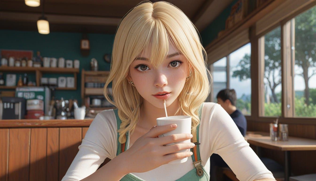 Blonde Cafe Scene in Anime Style