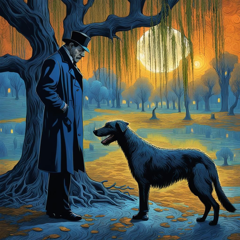 Sherlock Holmes and Sinister Wolfhound in Van Gogh Style