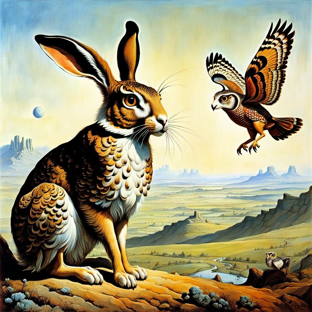 Hare-Owl Hybrid in Surrealist Style
