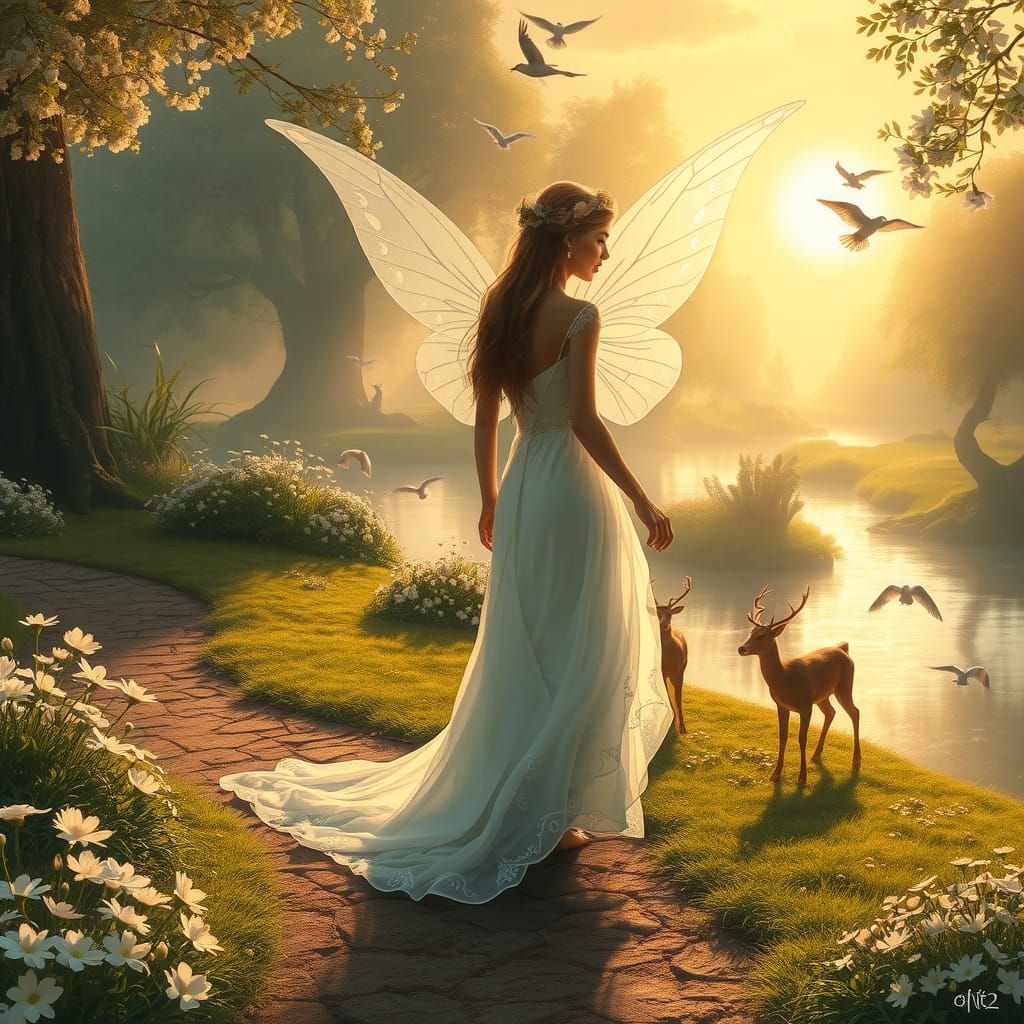 Enchanted Fairy Garden at Sunrise in Kinkade Style