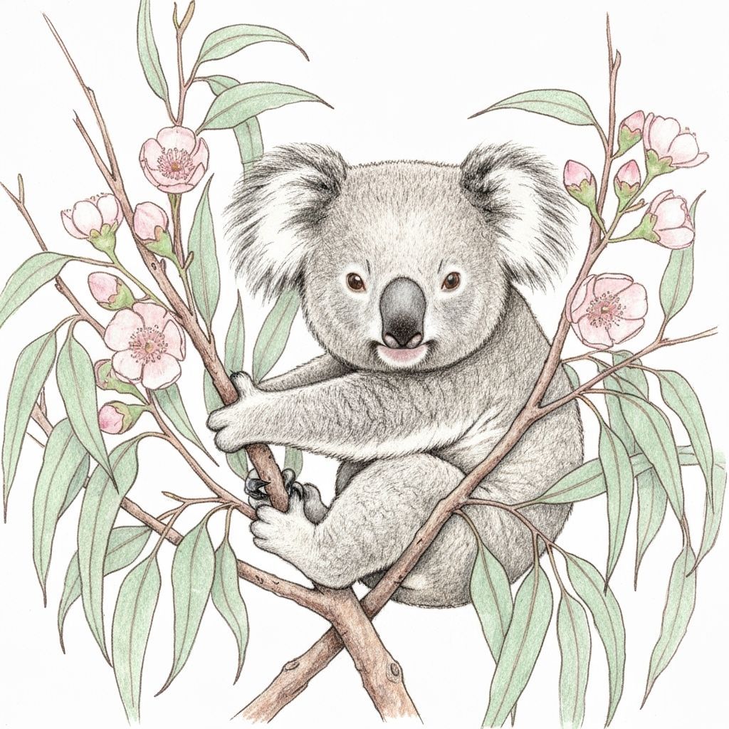 Peaceful Koala in Blossom Branches: Pencil Sketch Style