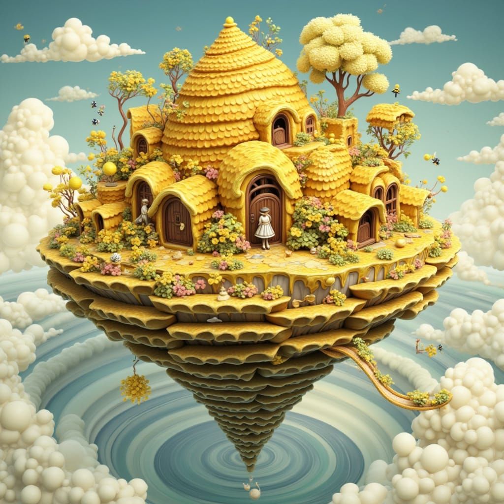 <lora:Honey Bee:1.0> A magical floating island shaped like a...